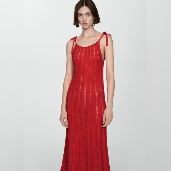 Mango Dresses & Skirts - Mango knitted coral red dress with knots and lace design NWT